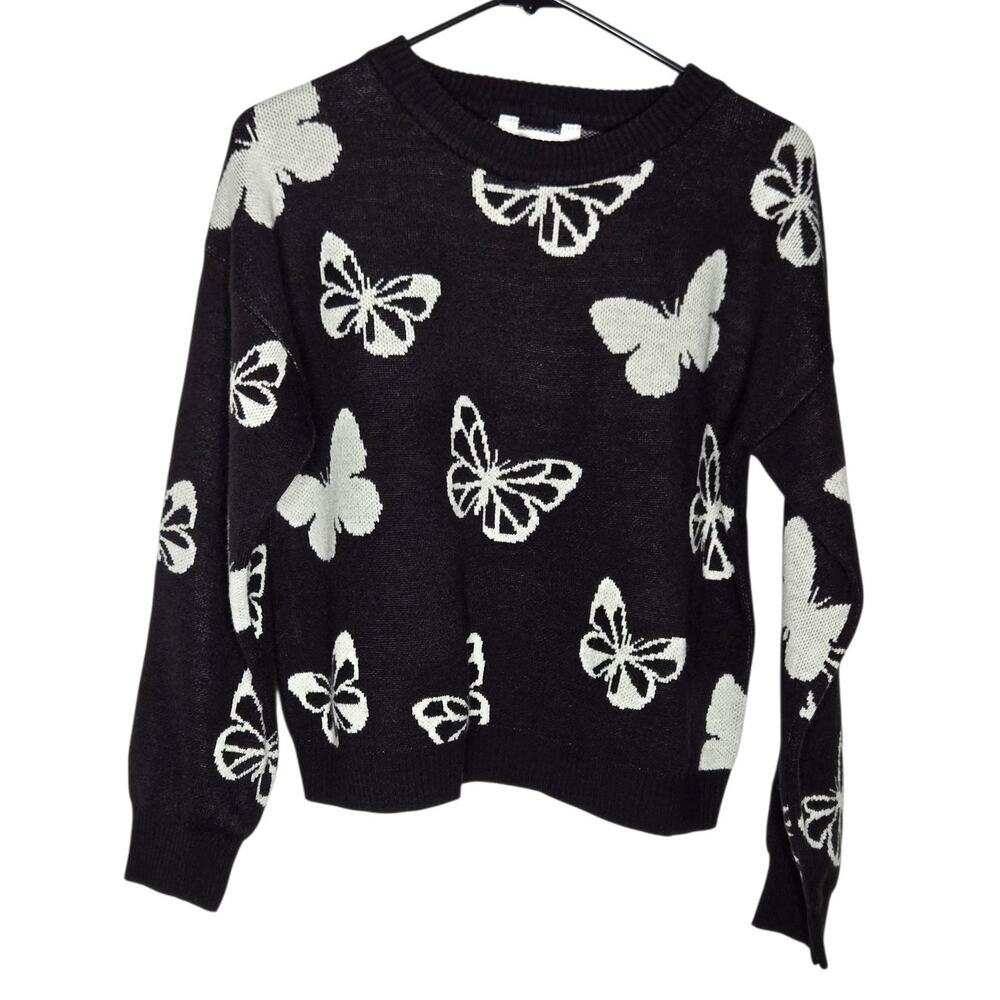 No Boundaries Black & White Butterfly Pullover Crewneck Sweater Juniors Medium